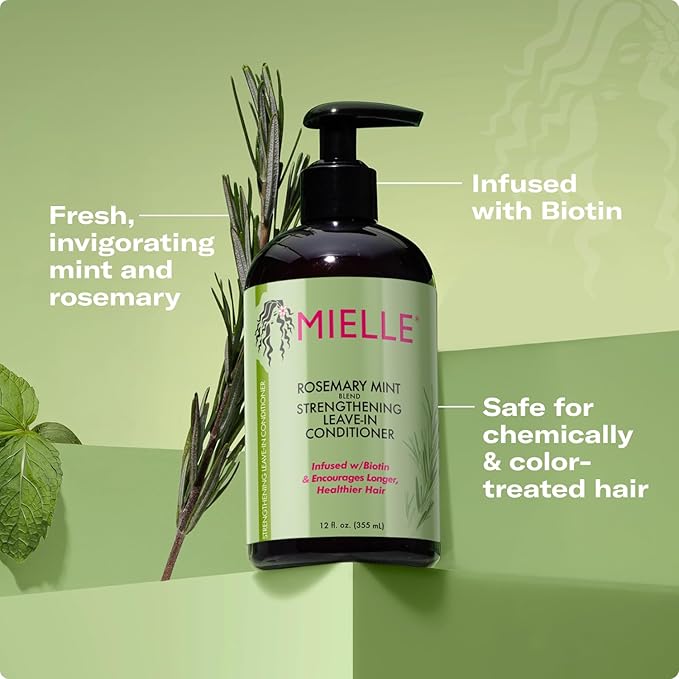 Mielle Organics Rosemary Mint Strengthening Leave In Conditioner for Curly Hair - Hydrating Hair Moisturizer Infused with Biotin to Soften, Protect & Boost Shine (12 Oz)