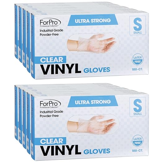 ForPro Disposable Vinyl Gloves, Clear, Industrial Grade, Powder-Free, Latex-Free, Non-Sterile, Food Safe, 2.75 Mil. Palm, 3.9 Mil. Fingers, Small, 100-Count (Pack of 10)