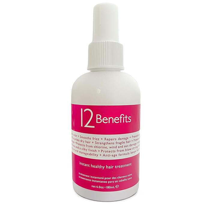 12 Benefits Leave-In Conditioner Spray – Instant Healthy Hair Treatment, Anti-Frizz, Detangles, Strengthens & Repairs, Heat Protection with Quaternium 39 & Silk Fibre Protein, 6 Fl Oz