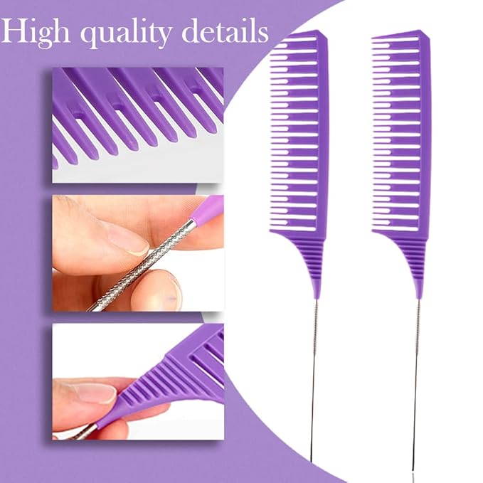 SKYPIA 3 Piece Professional Dyeing Hair Comb Set, Highlight Combs for Hair Stylist Weaving Styling Brush Set with Long Stainless Steel Rat Tail Stylist Combs, Purple & Pink