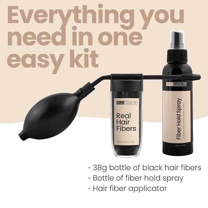 Hair Illusion Combo Kit - Hold Spray, 38g Hair Fiber Bottle, Applicator & Hairline Optimizer (Jet Black)