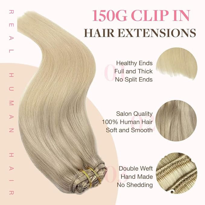 GOO GOO Clip in Hair Extensions - Real Human Remy Hair, Natural, 18in 150g 9Pcs, 17/22/60 Balayage Ash Blonde to Platinum Blonde