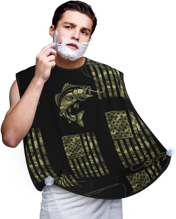 Men's Shaving Accessory Bass Fishing Camo Camouflage American Flag Hunting Black, Waterproof Beard Apron with Hair Catcher & Suction Cups