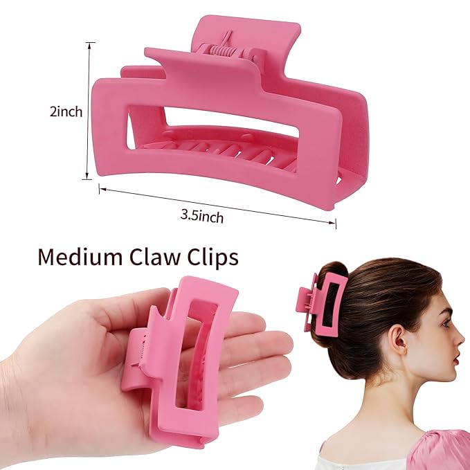 3.5 Inch Medium Hair Claw Clips 6 Pack Hair Clips for Women Square Rectangle Claw for Hair Banana Jaw Clips Hair Accessories for Girls (Pink)