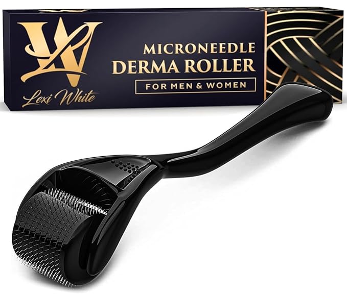 Derma Roller for Skin, Hair & Beard – Women and Men Titanium Microneedling Roller for Face & Scalp, Safe & Easy to Use - Glossy Black