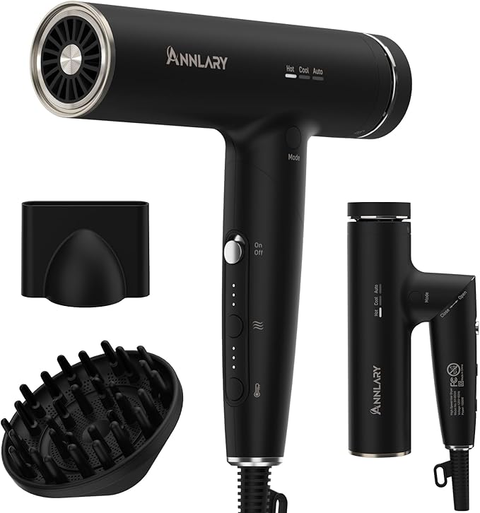 Plasma Ion Hair Dryer with Diffuser for Curly Hair, 110000 RPM Professional High Speed Blow Dryer with Plasma Ion, 1500W Foldable Travel Hairdryer with 6.5 Ft Cord Fast Drying for Women Men