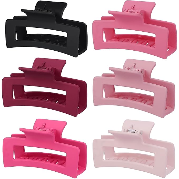 3.5 Inch Medium Hair Claw Clips 6 Pack Hair Clips for Women Square Rectangle Claw for Hair Banana Jaw Clips Hair Accessories for Girls (Pink)
