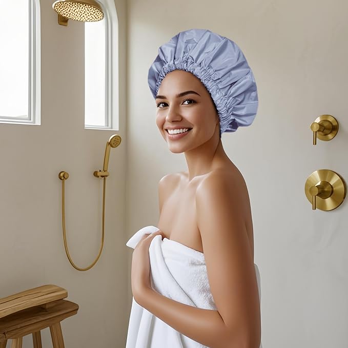Reusable Shower Cap for Women, Large Waterproof Shower Bonnet Washable Elastic Band Bath Accessories Hair Hat for Long Hair, Braids(Black&Gray)