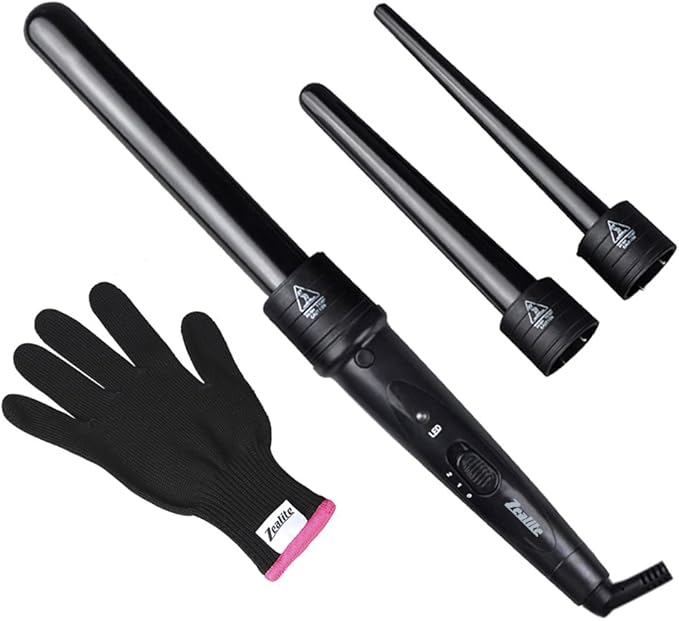 3 in 1 Curling Iron, Curler Wand Set with 3 Interchangeable Ceramic Curling Barrel(0.35”-1.25”), Instant Heat Up, Dual Voltage Hair Curler Beach Waves, Include Glove