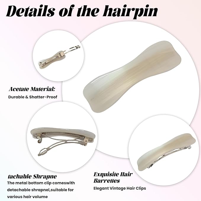 French Barrette Hair Clips，Acetate material ，Handmade，For Thick And Thin Hair, Medium-Sized Classic Hair Clips，Strong grip girls hair clips, Non-slip and durable hair accessories for girls (white2)