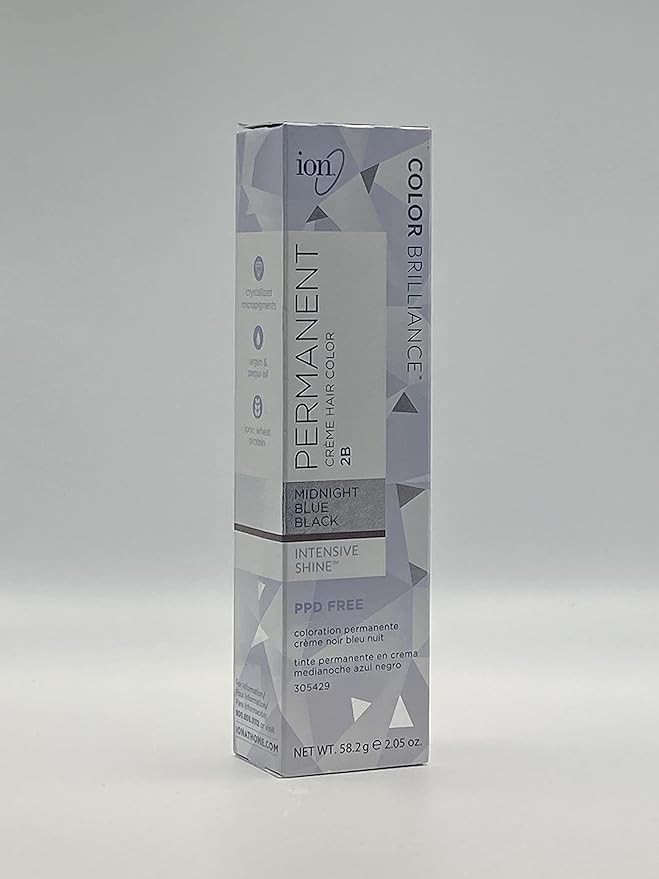 Ion Permanent Creme Hair Color 2B Midnight Blue Black, Vegan, Cruelty Free, PPD Free, 100% Gray Coverage, Long Lasting, Fade Resistant Color, 2.05 oz