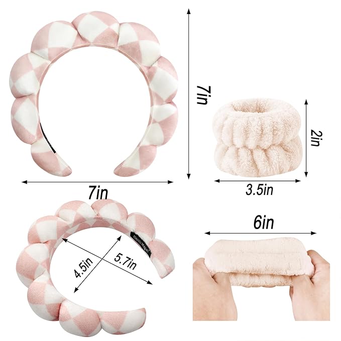 Zkptops Spa Headband for Washing Face Wristband Set Sponge Makeup Skincare Velvet Fabric Bubble Soft Get Ready Hairbands for Women Puffy Headwear Non Slip Thick Thin Hair Accessory (Checkered)