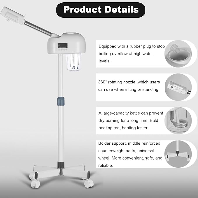 Stand Ozone Professional Facial Steamer with Digital Display, Adjustable Height & Rolling Base, Timer Function, 360° Rotatable Nozzle, Hot Mist Function, Use for Home, Salon SPA (White)