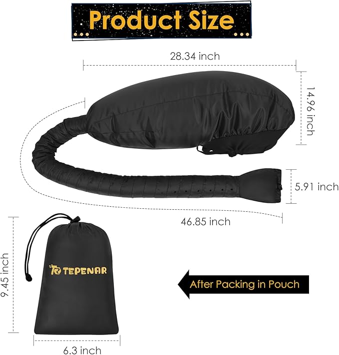 Hair Dryer Bonnet Attachment: Upgraded Extra Large Hooded Dryer Adjustable Hair Dryer Caps - Easy to Use for Natural Curly Textured Hair Care Styling Fast Drying - Black