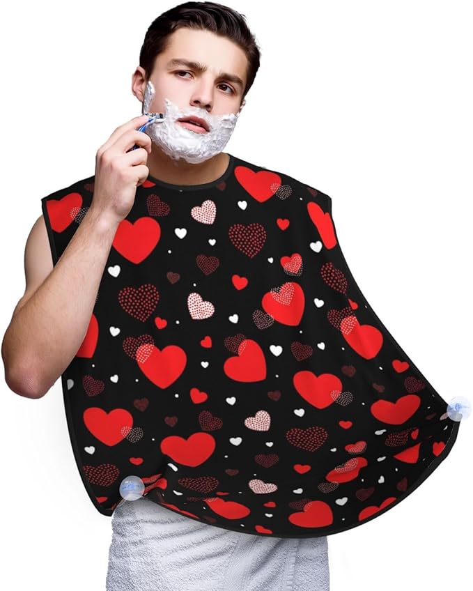 No-Slip Shaving Bib, Beard Grooming Apron with Strong Suction Cups, Valentine's Day Elegant Red Love Heart Black