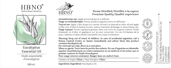 HBNO California Bottled Eucalyptus Essential Oil for Diffuser 4 fl oz (120ml) - Perfect Eucalyptus Oil Essential Oil for Aromatherapy & DIY