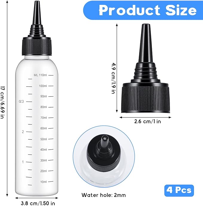 4 Pcs Hair Bottle Applicator,Plastic Hair Color Bottle,Hairs Dye Bottles with Clear Graduated Scale Twist-On Top Tip Cap, for Scalp Root Dye Container(2 color)