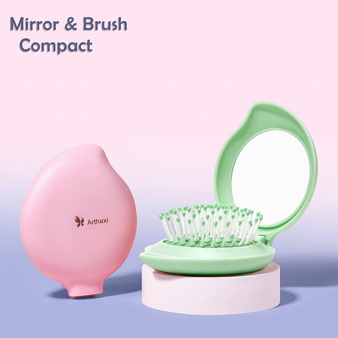 Travel Hair Brush and Mirror Como, Compact Mirror with Mini Hair Brush Set, Folding Hairbrush for Women, Small Hair Comb with Mirror for Purse, Round Green 1 Pack and Peach Green 1 Pack