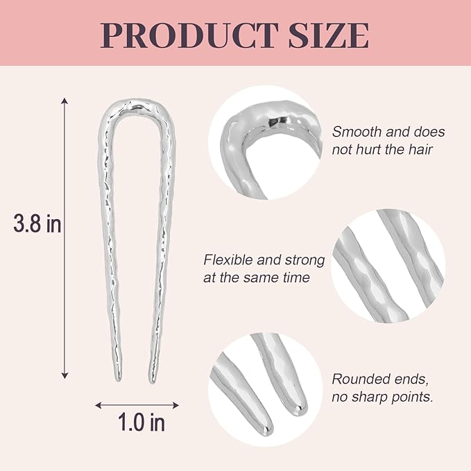 2PCS 3.8Inch French Hair Pins U-Shaped Pins for Women and Girls Fashion Metal Hair Pin French Twist Hair Pins for Buns, Updos,Stylish and Functional(set2-silver)