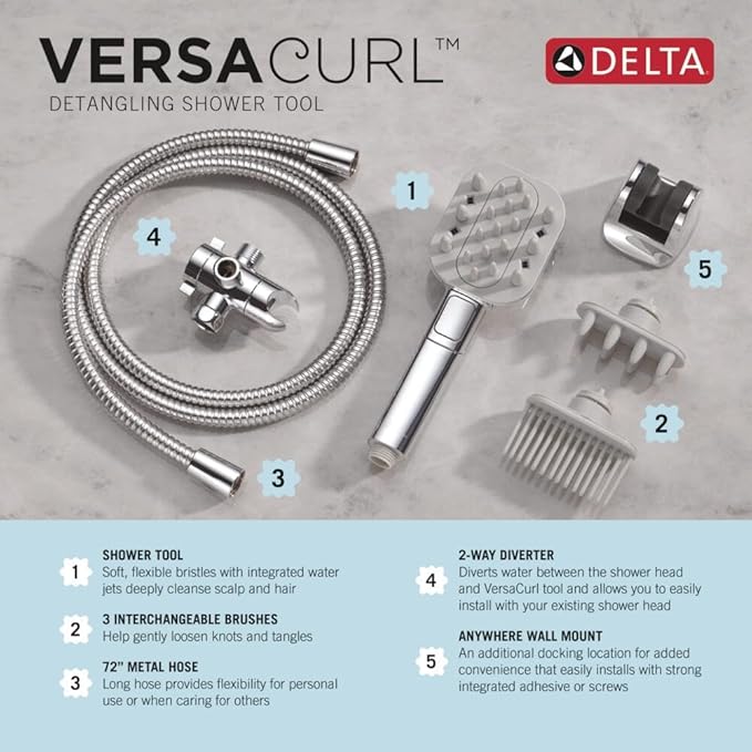 Delta VersaCurl Detangling Handheld Shower Head Tool for Curly Hair with 3 Curl Defining Brush Inserts Included, Detangler Brush Hand Shower with Hose, Chrome 74B430