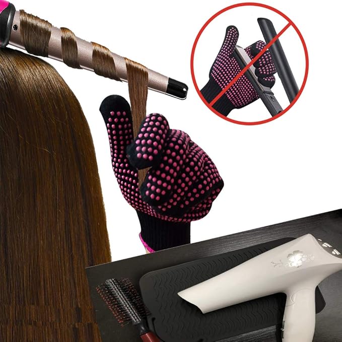 Heat Resistant Silicone Glove and Mat Set for Curling Iron, Hair Straightener, Flat Irons - 9" x 6.5" Food Grade Silicone Mat, Black