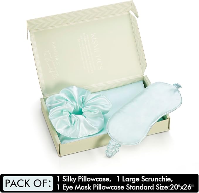 Vegan Silk Sleep Set, Silky Pillowcase with Large Scrunchie and Eye Mask for Hair and Skin, Self Care Essential Satin Night Routine Kit (Mint Blue Color)