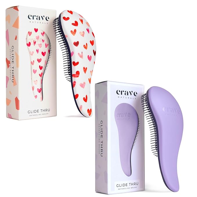 Crave Naturals Glide Thru Detangling Hair Brush for Adults and Kids - Detangler Hairbrush for Curly or Straight, Wet or Dry Hair - Gentle on Tangles Comb - Purple and Pink Hearts (Pack of 2)