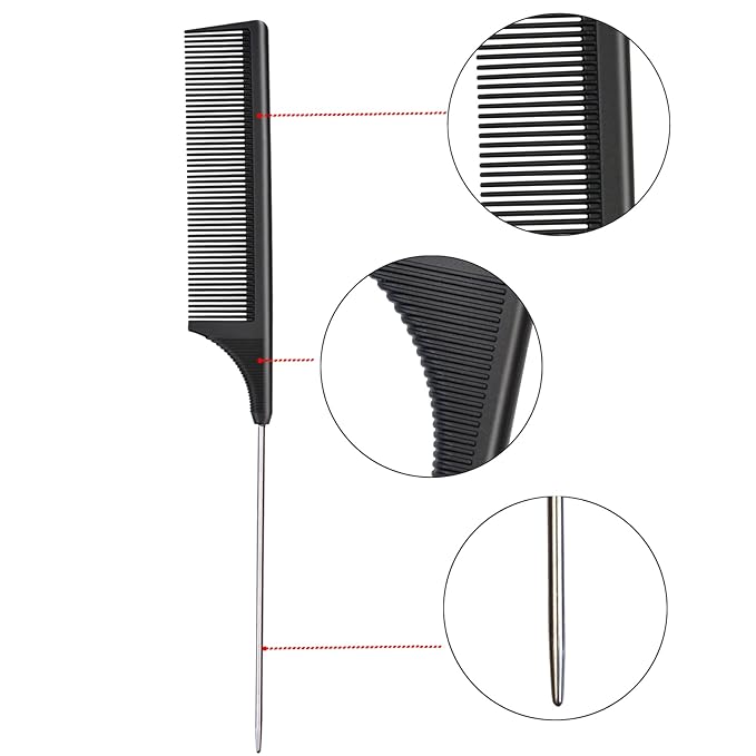 3 Pcs Rat Tail Combs Carbon Fiber Heat Resistant Teasing Hair Combs with Stainless Steel Pintail for All Hair Types (Black)