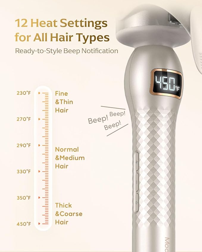Professional Curling Iron 2 Inch, Large Barrel Curling Wand for Long Hair, MCH Heating with 12 Temperature, Dual Voltage, Gold