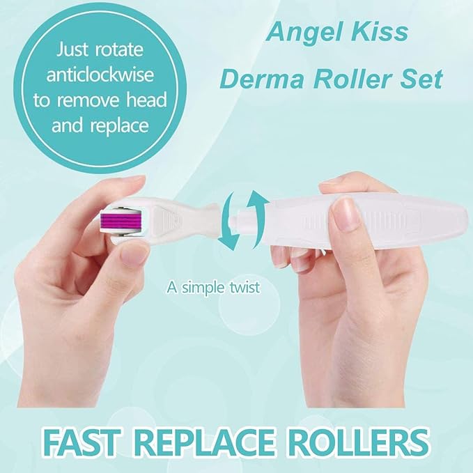 Derma Roller for Face and Body - Angel Kiss 4 in 1 Titanium Microneedling Roller Kit Micro Needle Microneedle Roller, 300 and 720 Needles 0.25mm,1200 Needle 0.3mm, Microdermabrasion Roller Men Women