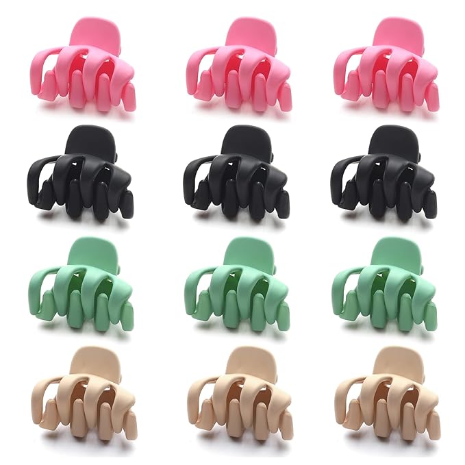 Cobahom 12 Pack Small Hair Claw Clips 1.2 Inch Matte Hair Clips for Thin Hair No-Slip Mini Hair Clips Hair Styling Accessories for Women and Girls, Pink, Black, Green, Apricot