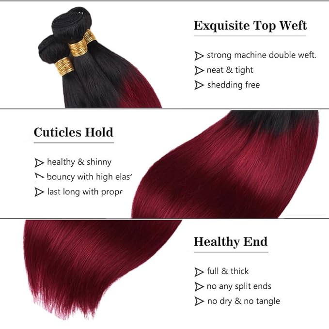 30 32 34 Inch Ombre Human Hair Bundles 1B99J Straight Bundle Niegmeag Brazilian Virgin Remy Hair Extensions 2 Tone Black and Burgundy Straight Bundle 150g