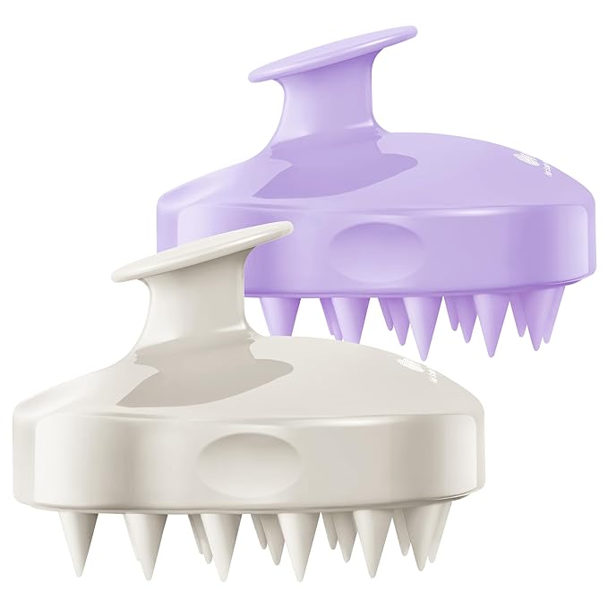 HEETA Hair Scalp Massager Shampoo Brush 2 Pack, Soft Silicone Bristles for Dandruff Removal, Waterproof for Wet & Dry Hair, Suitable for Men & Women (Light Beige & Purple)