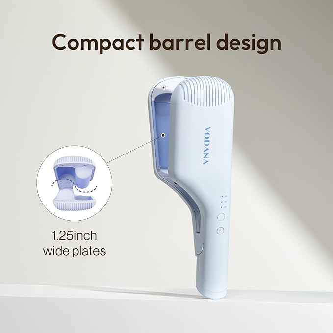 VODANA Compact Triple Flow Hair Waver - Portable Ceramic Curling Iron, Long-Lasting Beach Waves, Fast Heat-Up Double Barrel (1.25 inch, Powder Blue)
