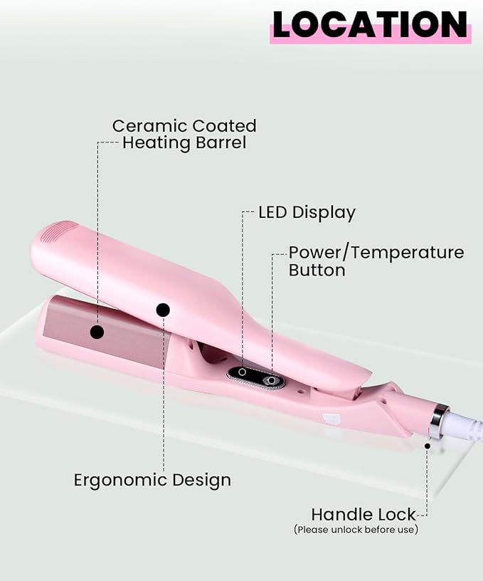 1 1/4 Inch Hair Waver Crimper,Cimper Hair Tool Hair Crimper for Women Beach Wave,Deep Wave Curling Iron with 2 Ceramic Barrel,Pink