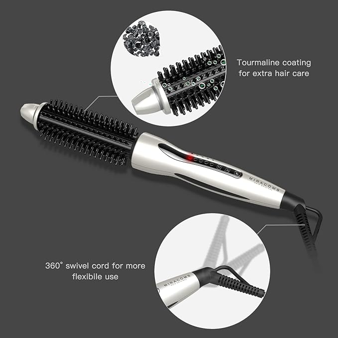 MIRACOMB Professional Hair Curler Straightening Brush | Ceramic Heated Round Brush | 1" Comb Flat Iron Straightener | Anti-Frizz Curl Wand Iron Roller with 5 Heat Settings, Cool Touch, Auto off, White