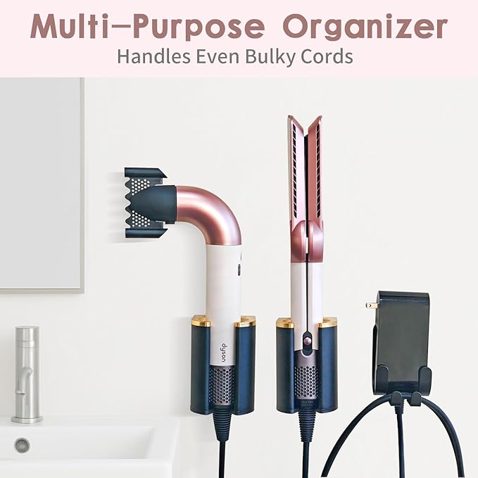 Curling Iron Holder Wall Mount, Premium Organizer for Dyson Airwrap Holder and Flat Iron Holder Wall Mount, Durable Aluminum & Plastic, Modern Space-Saving Storage for Bathroom Vanity, 3M Adhesive