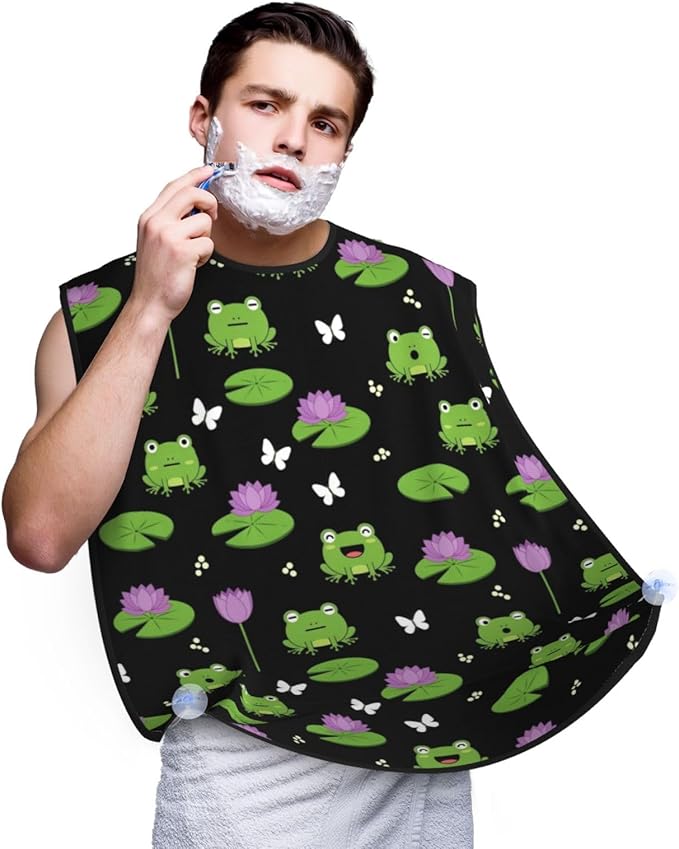 Beard Shaving Cape with Suction Cups, Cute Green Frogs Black Shave Bib, Non-Stick Waterproof Hair Catcher, Grooming Bib for Men Husband