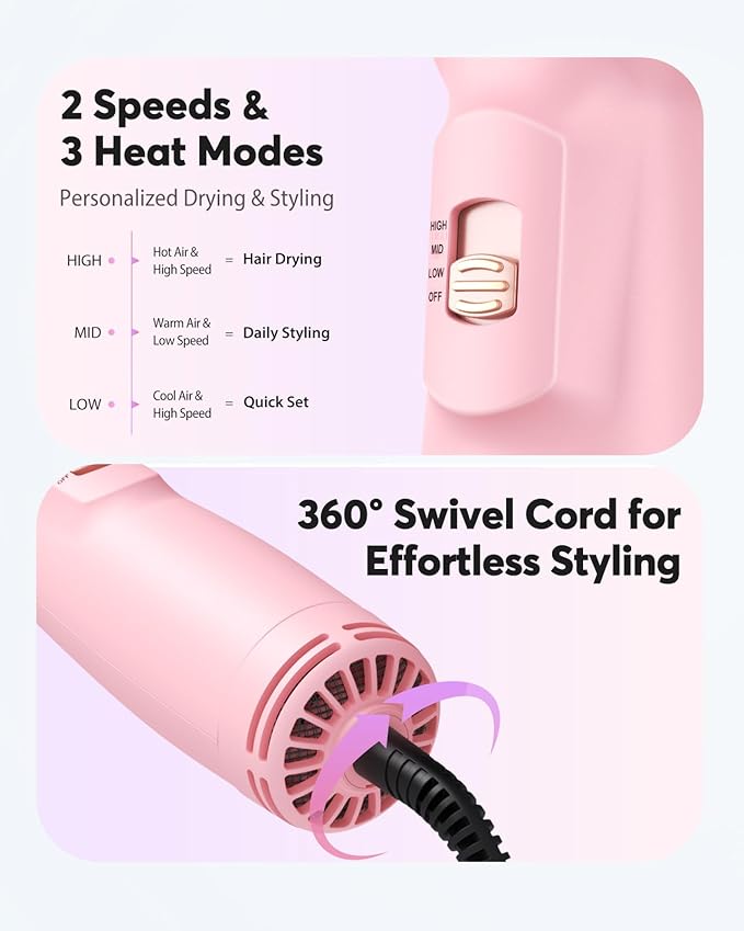 Dual Voltage Travel Blow Dryer Brush, Mini Hair Dryer Brush with Auto 100–240V, EU/UK Plug Ready, 4-in-1 Compact Hot Air Brush Lightweight, Ionic for Smooth & Voluminous Hair Anywhere