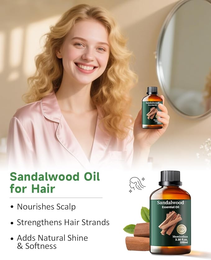 Pure Sandalwood Essential Oil for Bedtime Serenity, Evening Meditation & Pillow Mist, Natural Woody Aroma for Diffuser, Hair, Skin Care, Calming Blends, Massage, Candle, Soap Making 3.38 Fl Oz