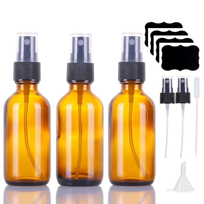 2oz Glass Spray Bottles,Empty Small Perfume Travel Refillable Reusable Fine Mister Spray Bottle for Hair,Cleaning Solutions,Aromatherapy and Essential Oil with Extra Nozzle (3 pack, Amber)