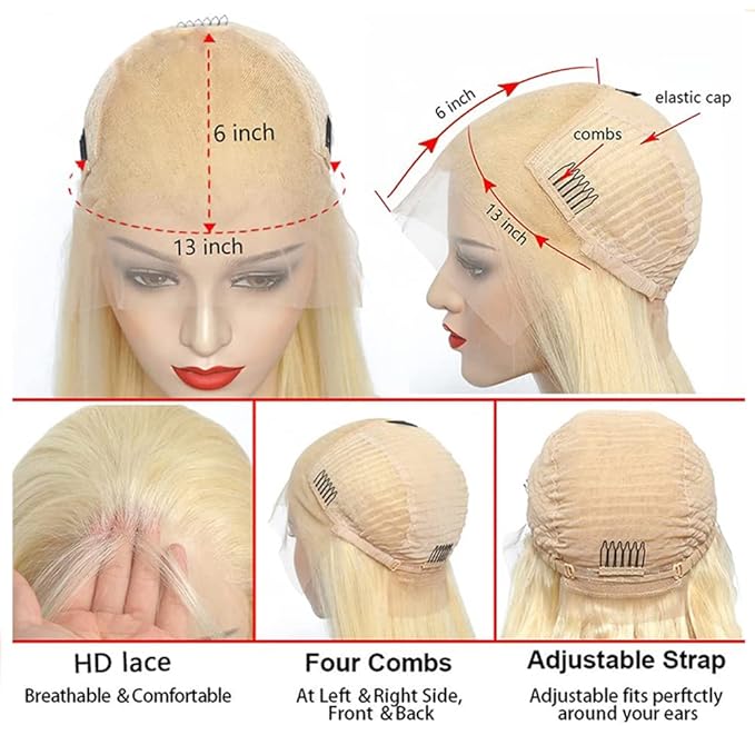 613 Blonde Human Hair Wigs 13X6 HD Transparent Lace Front Body Wave Wigs with Baby Hair for Black Women Pre Plucked Brazilian Virgin Hair Wig 180% Density 14 Inch