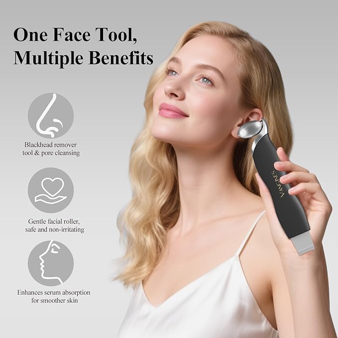 Blackhead Scraper Tool & Skin Scrubber Face Spatula for Blackhead Removal, Pore Cleaning, with Cooling Ice Roller & 2 Silicone Brush Heads (Charcoal Black)