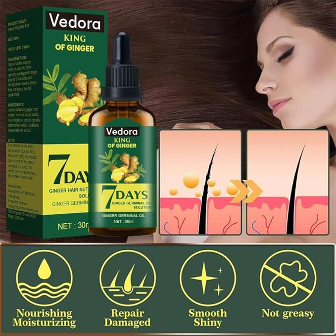 Vedora Ginger Oil for Hair Growth alongwith Roller - Hair Growth Serum, 100% Pure Natural Ginger Essential Oil - Promotes Strong, Thick, Long Hair in Women & Men - 5.05 Fl Oz / 150ML (5 PCS+Roller)