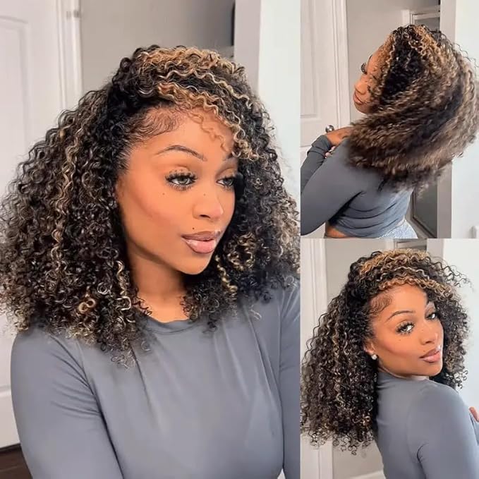 Kinky Curly Half Wig Human Hair 250% Density Wear Go Glueless Wigs Human Hair Curly 3 In 1 Half Wigs for Women Drawstring Seamless Flip Highlight Blonde Headband Wig Beginner Friendly (16 Inch)