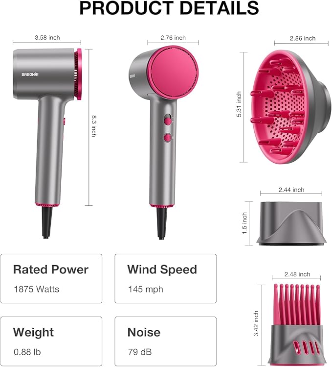High-Speed Hair Dryer 110,000 RPM, 1875W Ionic & Plasma Blow Dryer with Diffuser, Concentrator & Comb, 550 Million Ionic Hairdryer with Cool Shot, Low-Noise CompactPro Travel & Salon – Gray