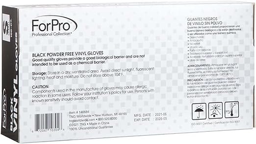 ForPro Professional Collection Disposable Vinyl Gloves, Black, Industrial Grade, Powder-Free, Latex-Free, Non-Sterile, Food Safe, 2.75 Mil. Palm, 3.9 Mil. Fingers, Small, 100-Count