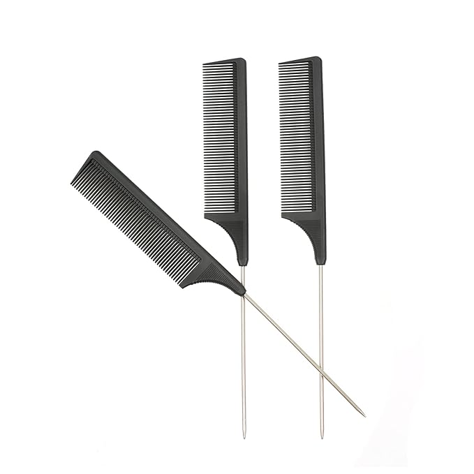 3 Pcs Rat Tail Combs Carbon Fiber Heat Resistant Teasing Hair Combs with Stainless Steel Pintail for All Hair Types (Black)