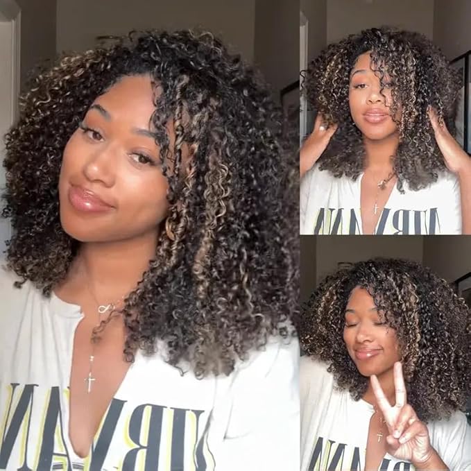Half Wig Human Hair 250% Density Ombre Kinky Curly Wear Go Glueless Wigs Human Hair Balayage Highlight 3 In 1 Half Wig With Adjustable String Flip Over Beginner Friendly Invisible Hairline