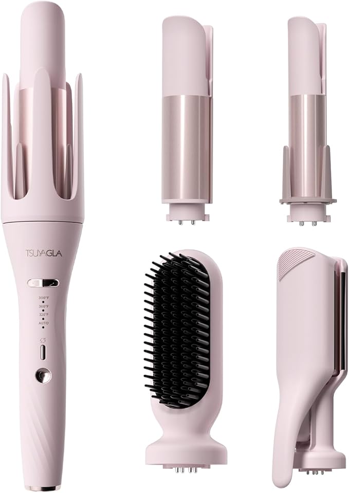 5 in 1 Auto Curling Iron Set with Interchangeable Barrels - 1", 1.25", 1.5" Curling Wand, Hair Crimper & Straightening Brush, Rotating Ceramic Curler, 3 Temp, Dual Voltage, Anti-Scald, Pink